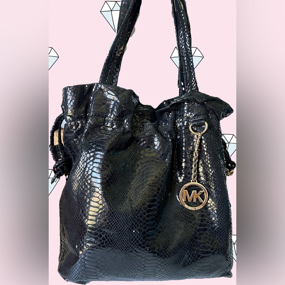 Michael Kors Snakeskin Tote with Shoulder Strap Black with Gold Hardware